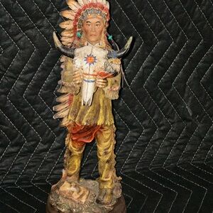 Indian Chief Holding Ox Skull Head Statue Native American Decoration Figurine